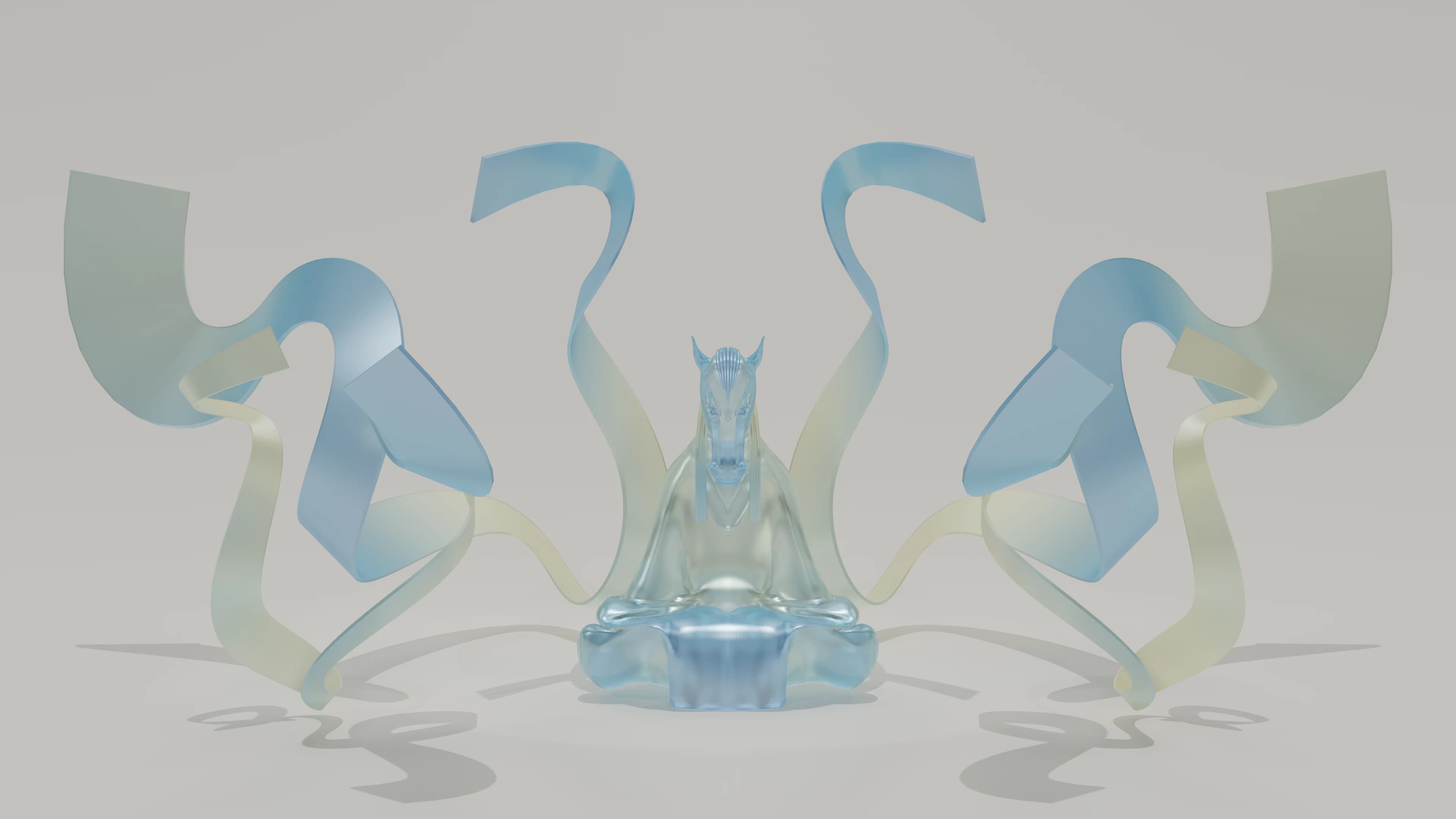 Blue seated Jiliang visualization with a horse-like head and symmetrical curling forms