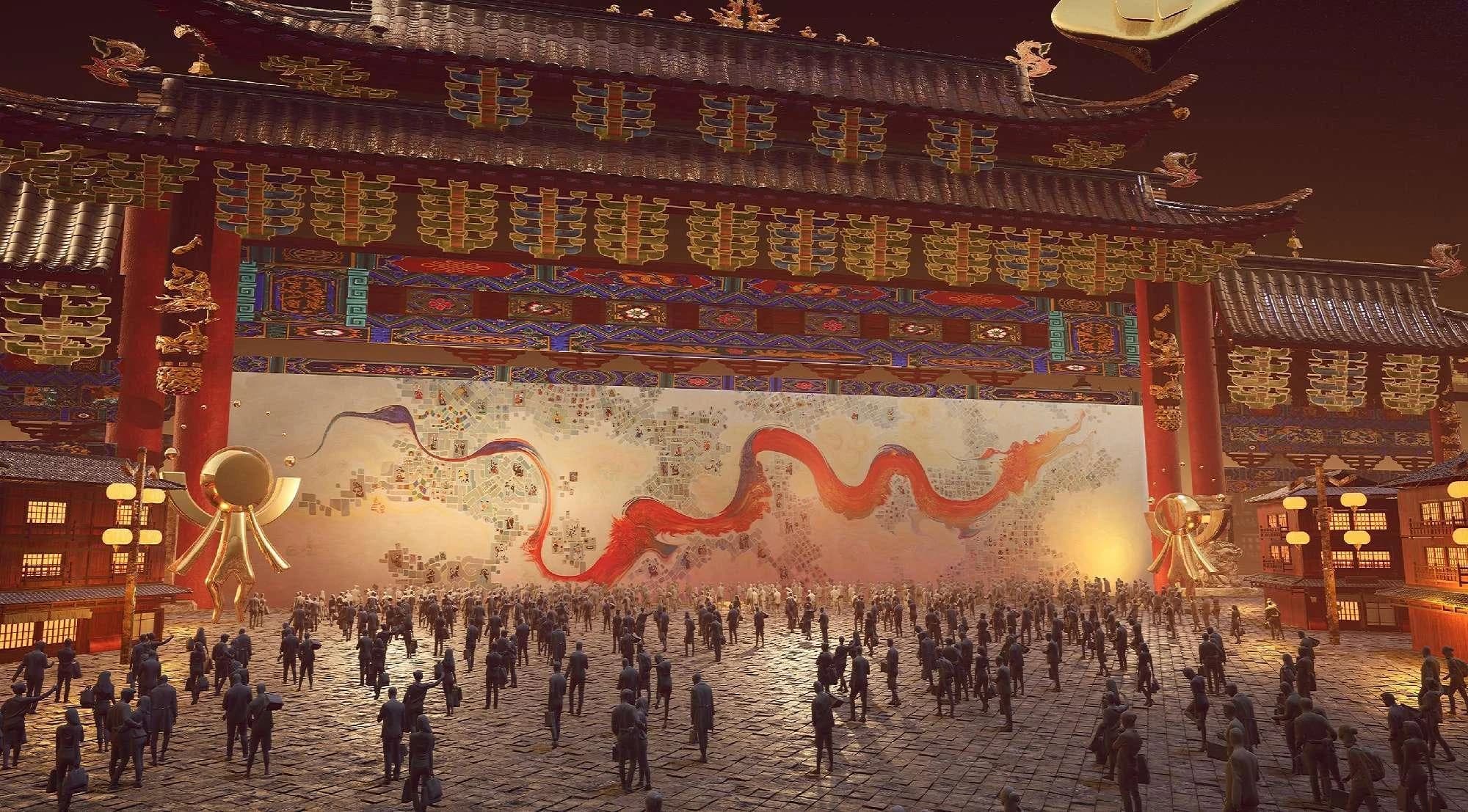 Street scene with dragon imagery for the Shan Hai digital town