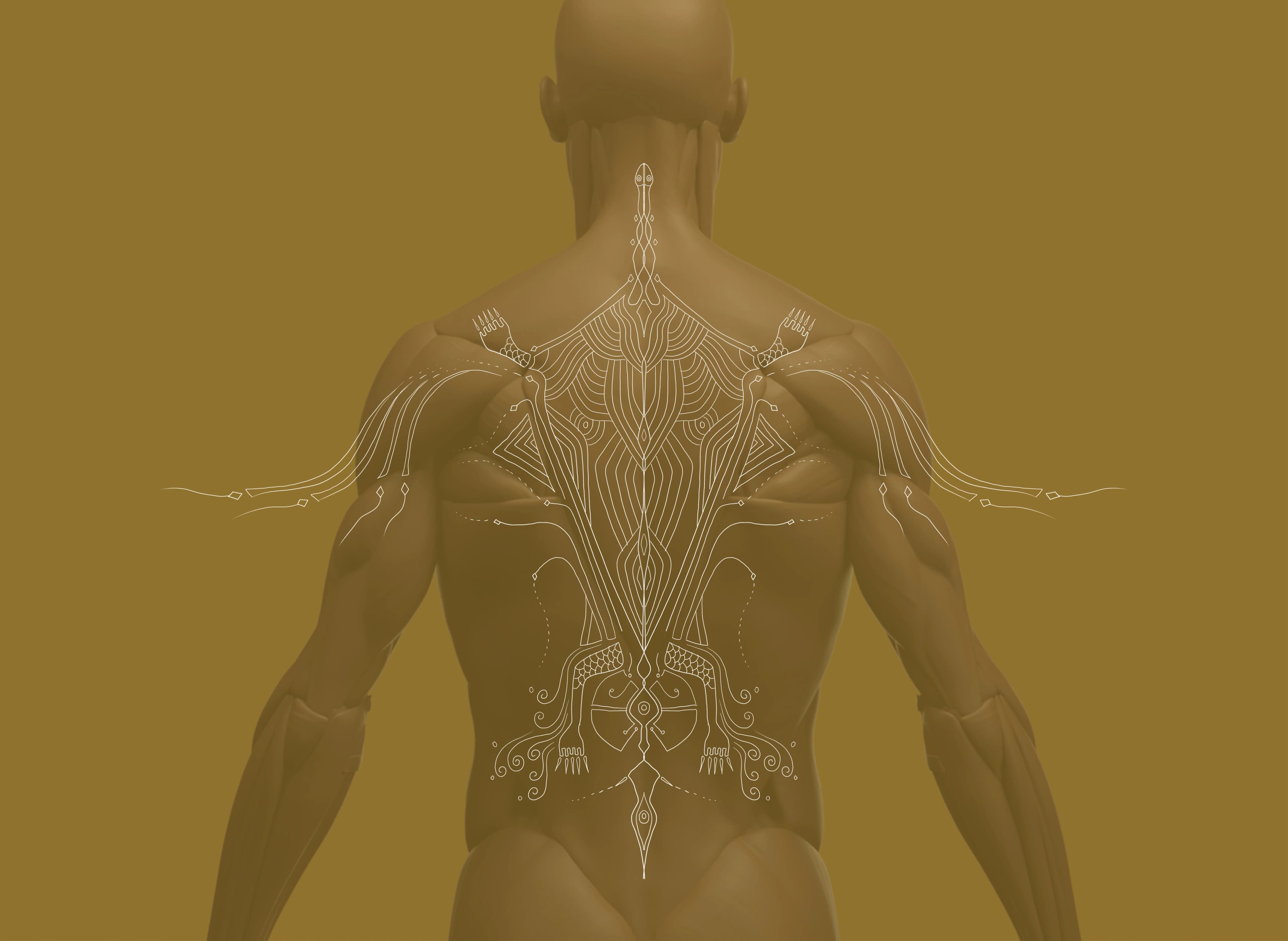 Xuangui totem visualized across a human back